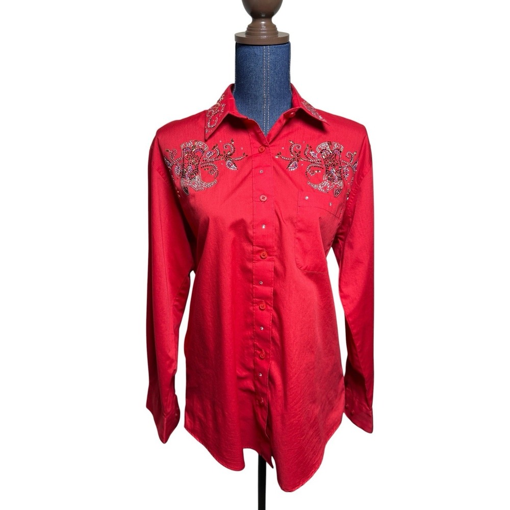 LasOlas Red Rhinestone Western Shirt Womens M Cowgirl Rodeo Bling Country Boots